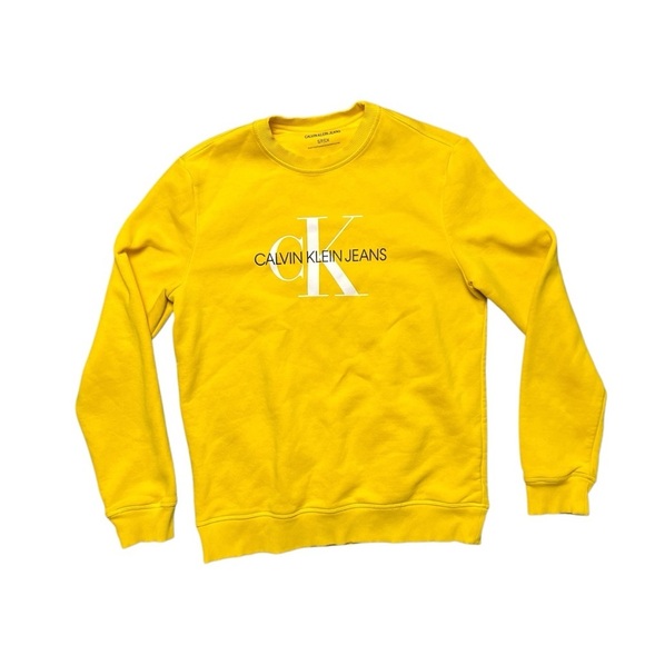 Calvin Klein Jeans Yellow Pullover Crewneck Sweatshirt Logo Unisex Small - Picture 1 of 5